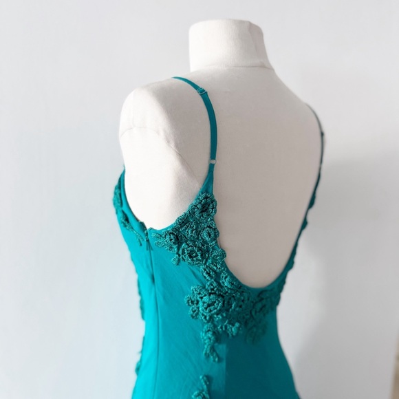 Vintage Y2K Teal Turquoise Crochet Floral Backless Short Silk Dress Fairy Whimsy - Picture 8 of 8